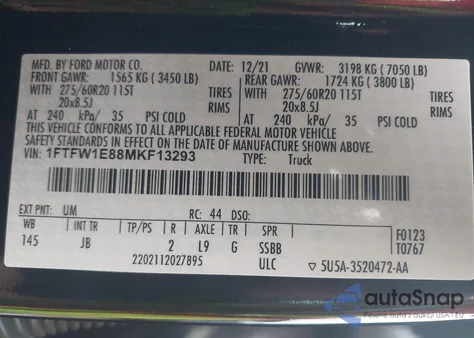 2021 Ford F-150 Xl z USA, uszkodzony, nr VIN 1FTFW1E88MKF13293